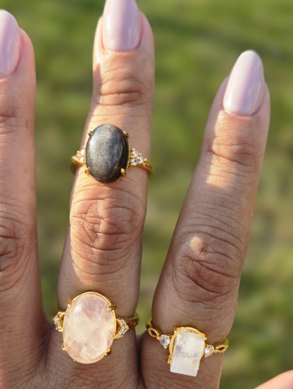 Obsidian, Rose Quartz, Moonstone Gold Plated Adustable Stacker